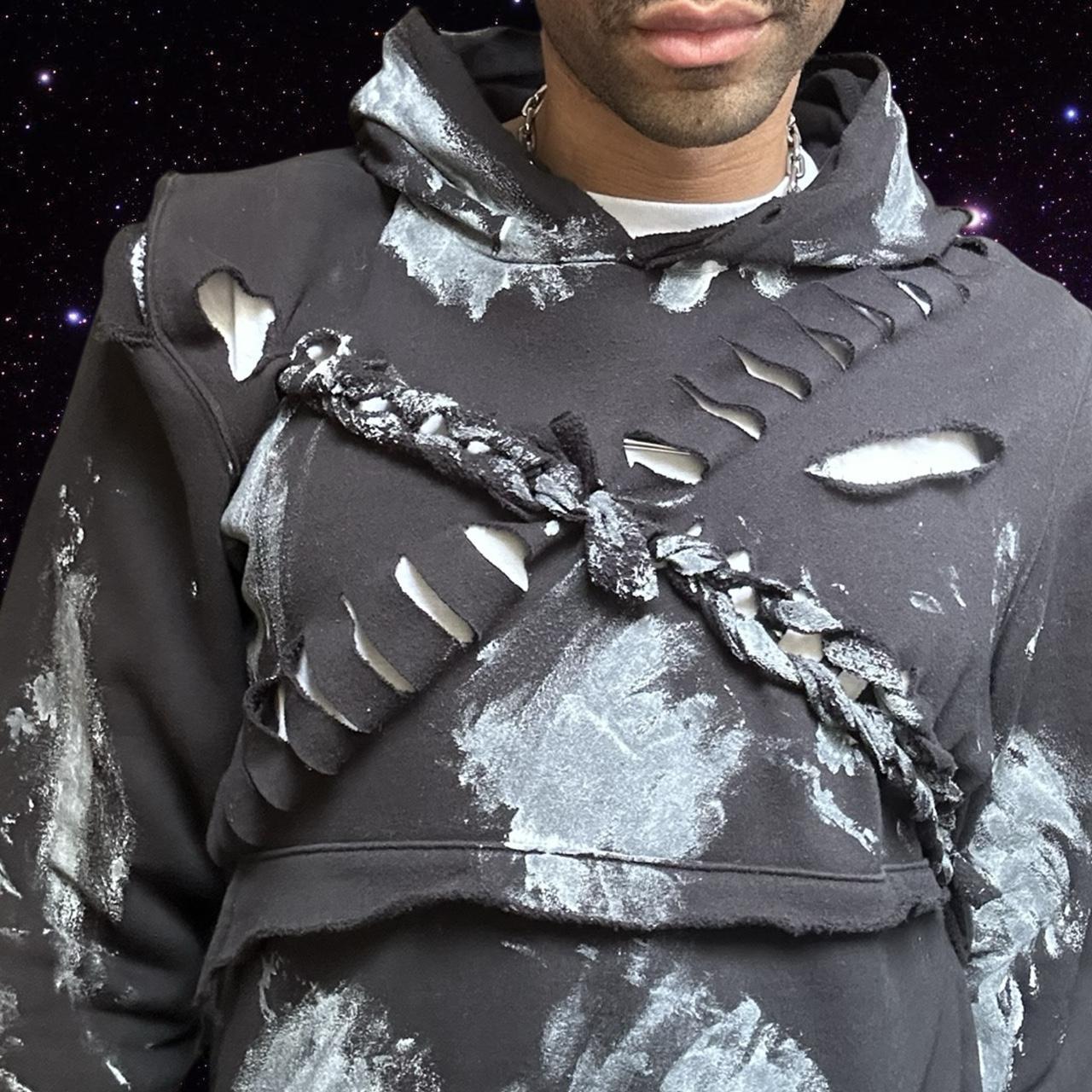 ASTROBOI* Black Braided & Deconstructed Painted Sweatshirt- - front close up