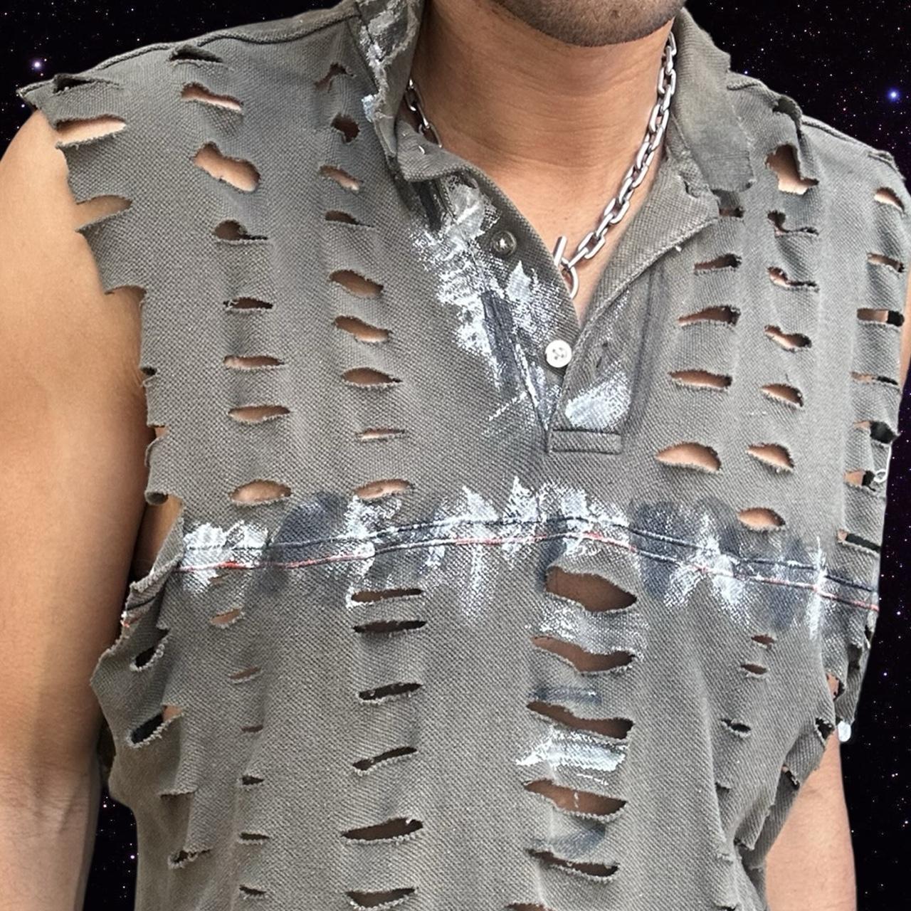 ASTROBOI* Grey Grunge Painted Sleeveless Polo - front close up