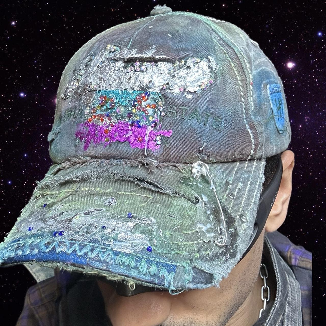 ASTROBOI* 'Hibiscus' Y2K Hawaii Distressed Rhinestone Hat, front left