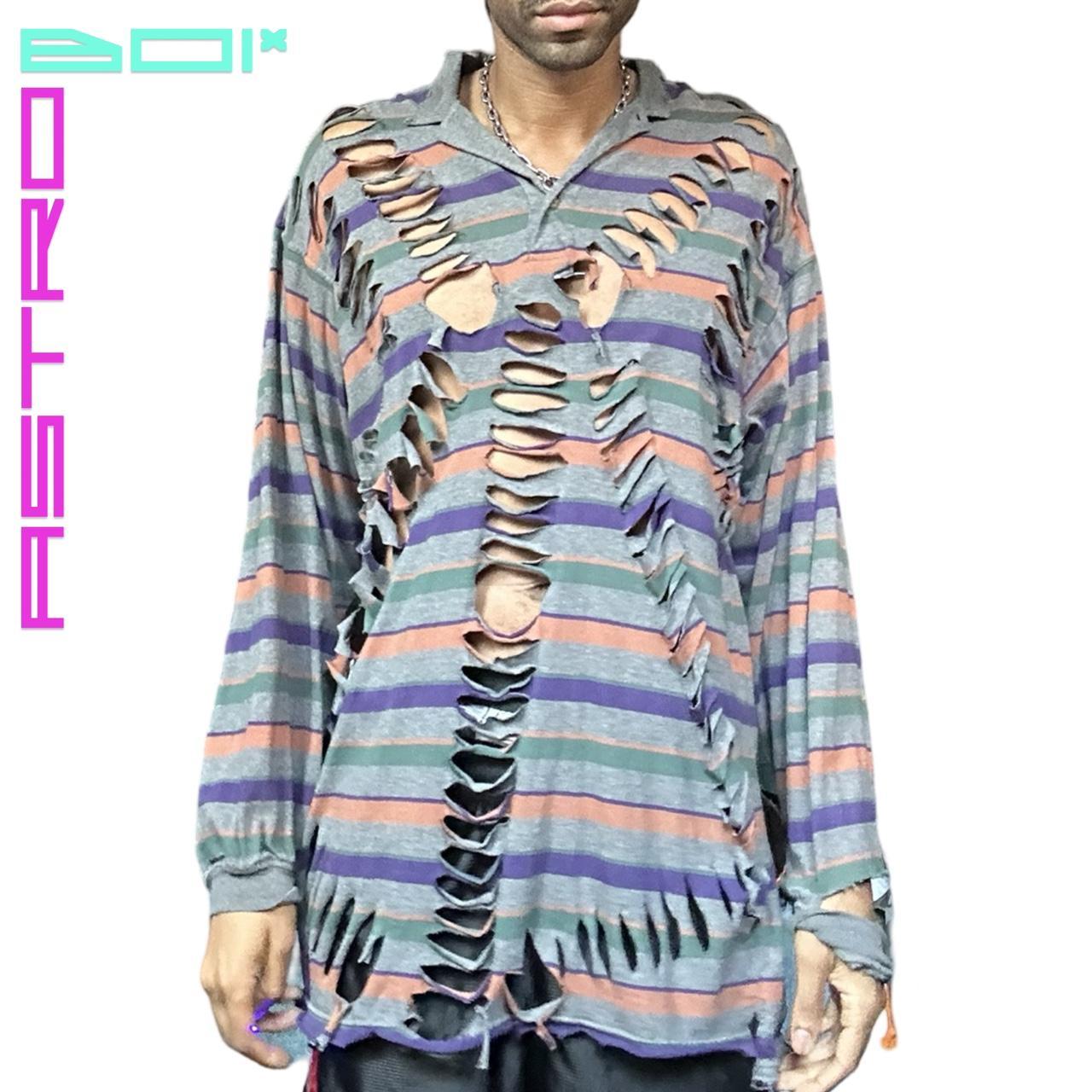 ASTROBOI* GRAY RIPPED GRUNGE STRIPED LONG SLEEVE OVERSIZED POLO SHIRT _ XL