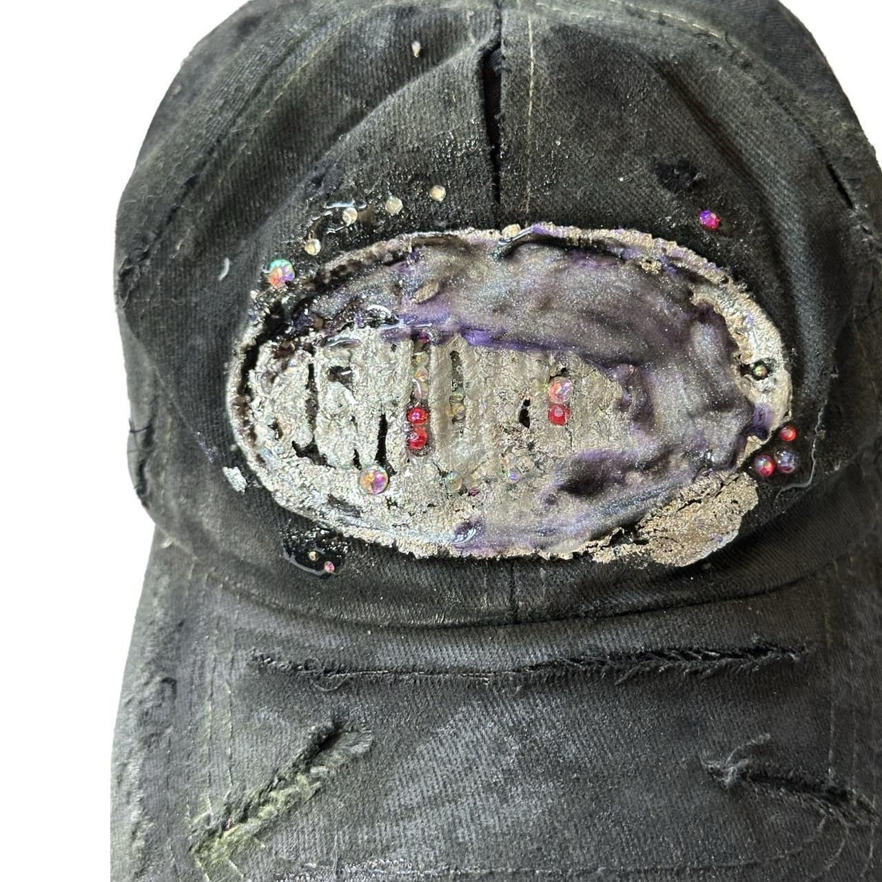 ASTROBOI* ‘Cosmos’ Black Distressed Hat – Rhinestone Metallic Resin Streetwear Cap, flat front close up