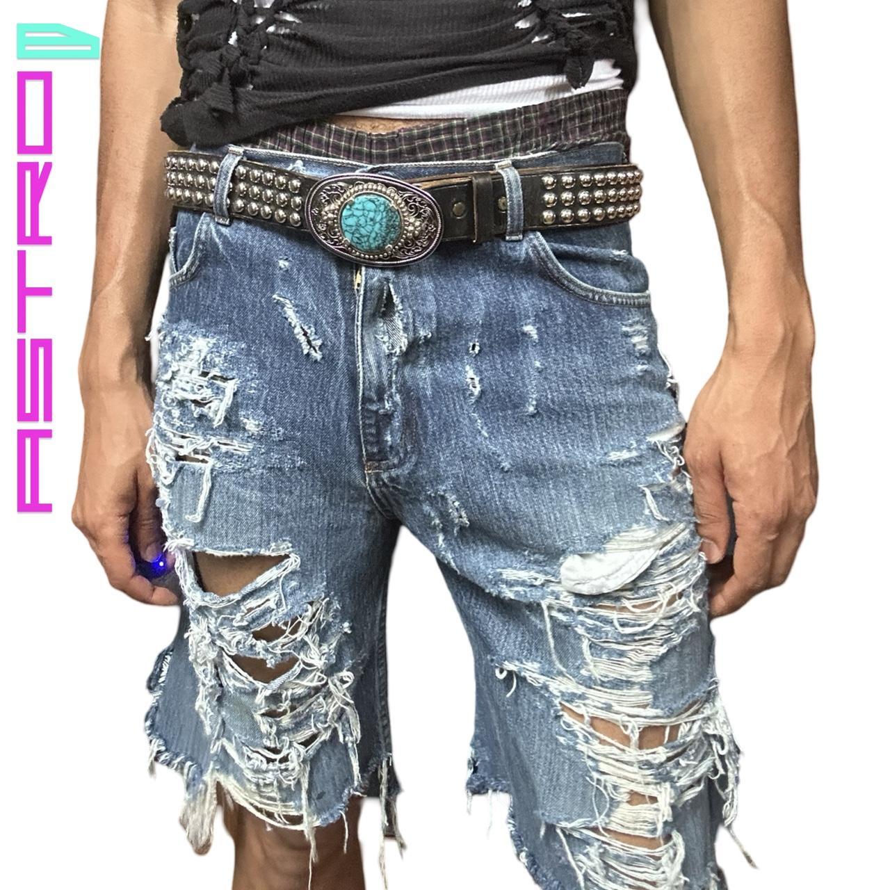 ASTROBOI* BLUE FADED RIPPED CUT OFF DENIM SHORTS _ 32"