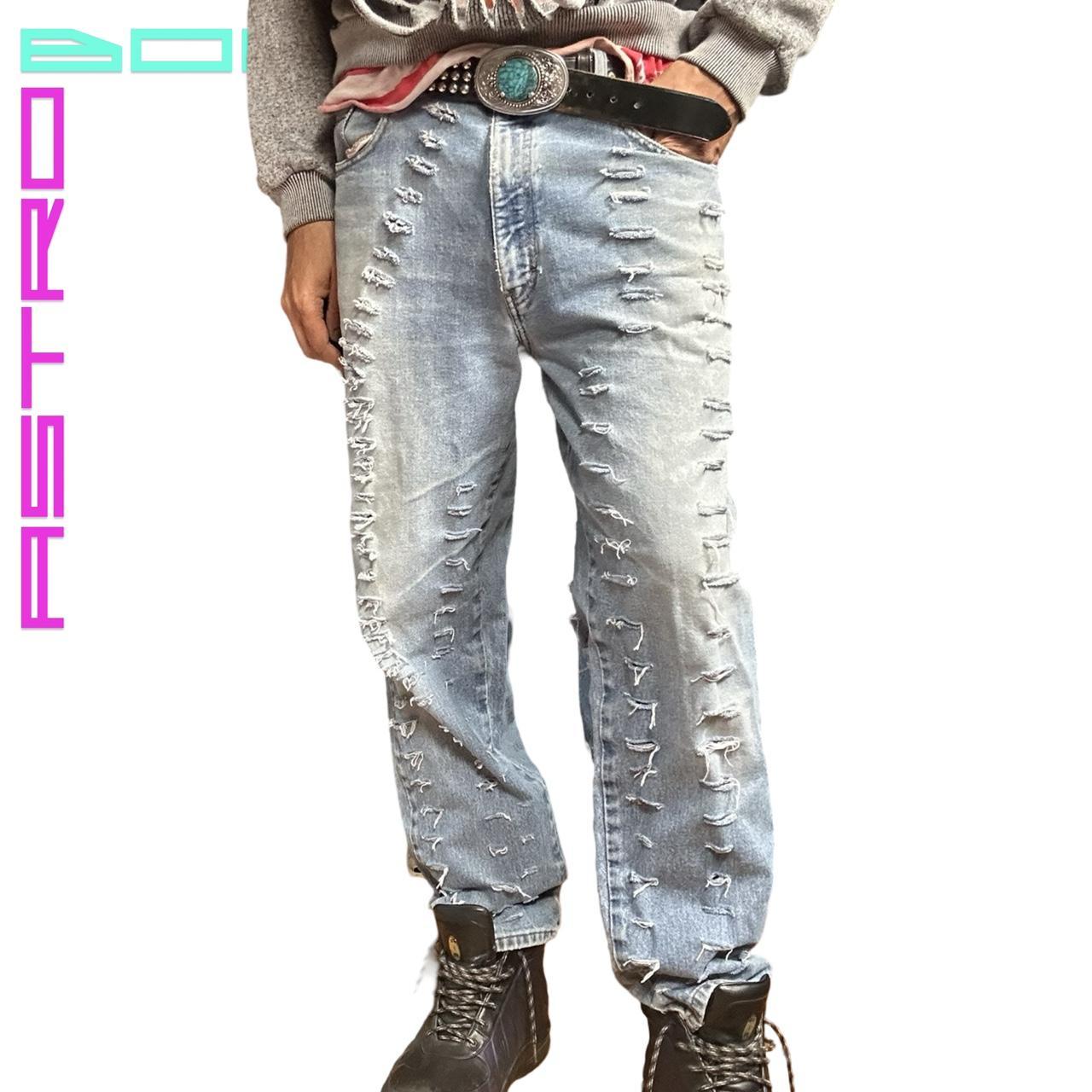 ASTROBOI* CUSTOM LIGHT BLUE RIPPED HYPER FADED JEANS _ 35x34"