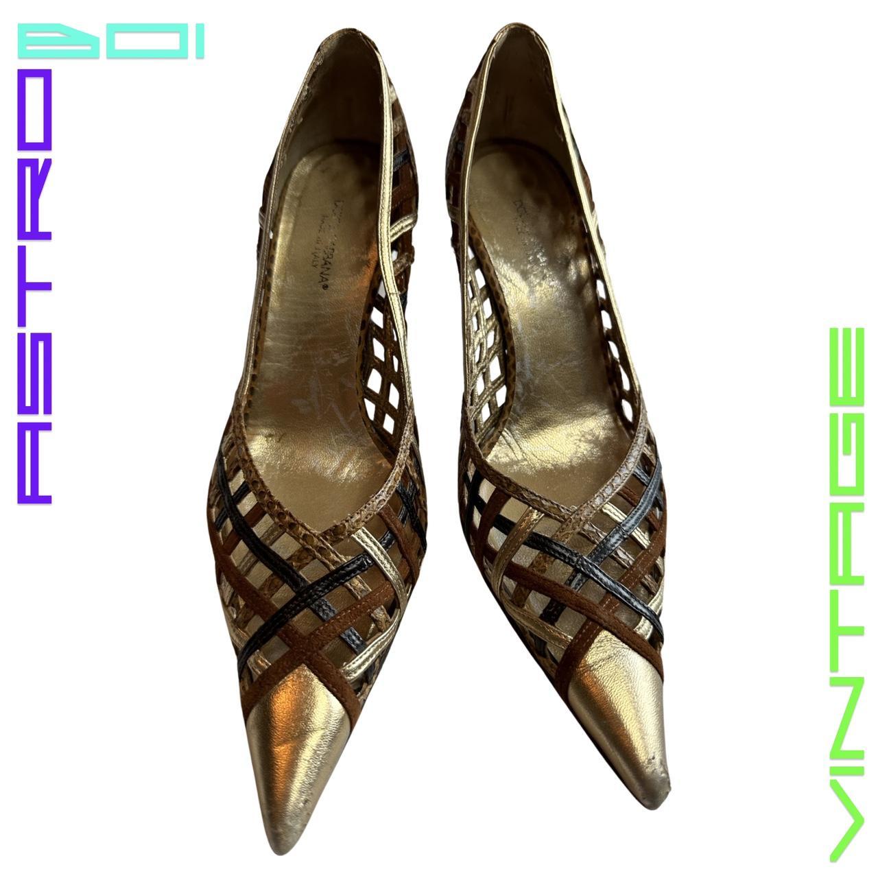 DOLCE & GABBANA WOVEN POINTED TOE HEELS_ GOLD_ 39