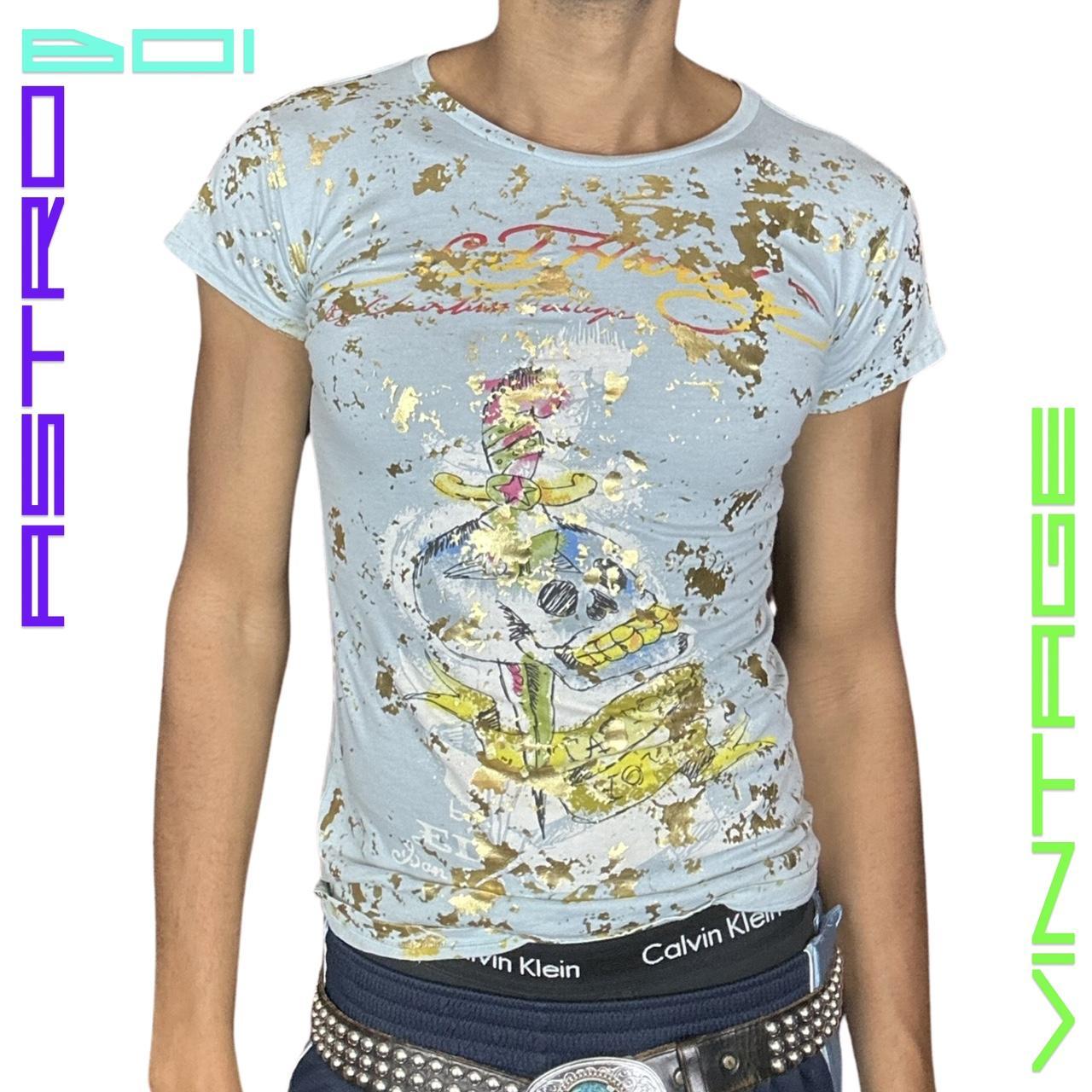 VINTAGE ED HARDY GOLD FOILED TATOO PRINT T-SHIRT _ BABYBLUE _ SMALL