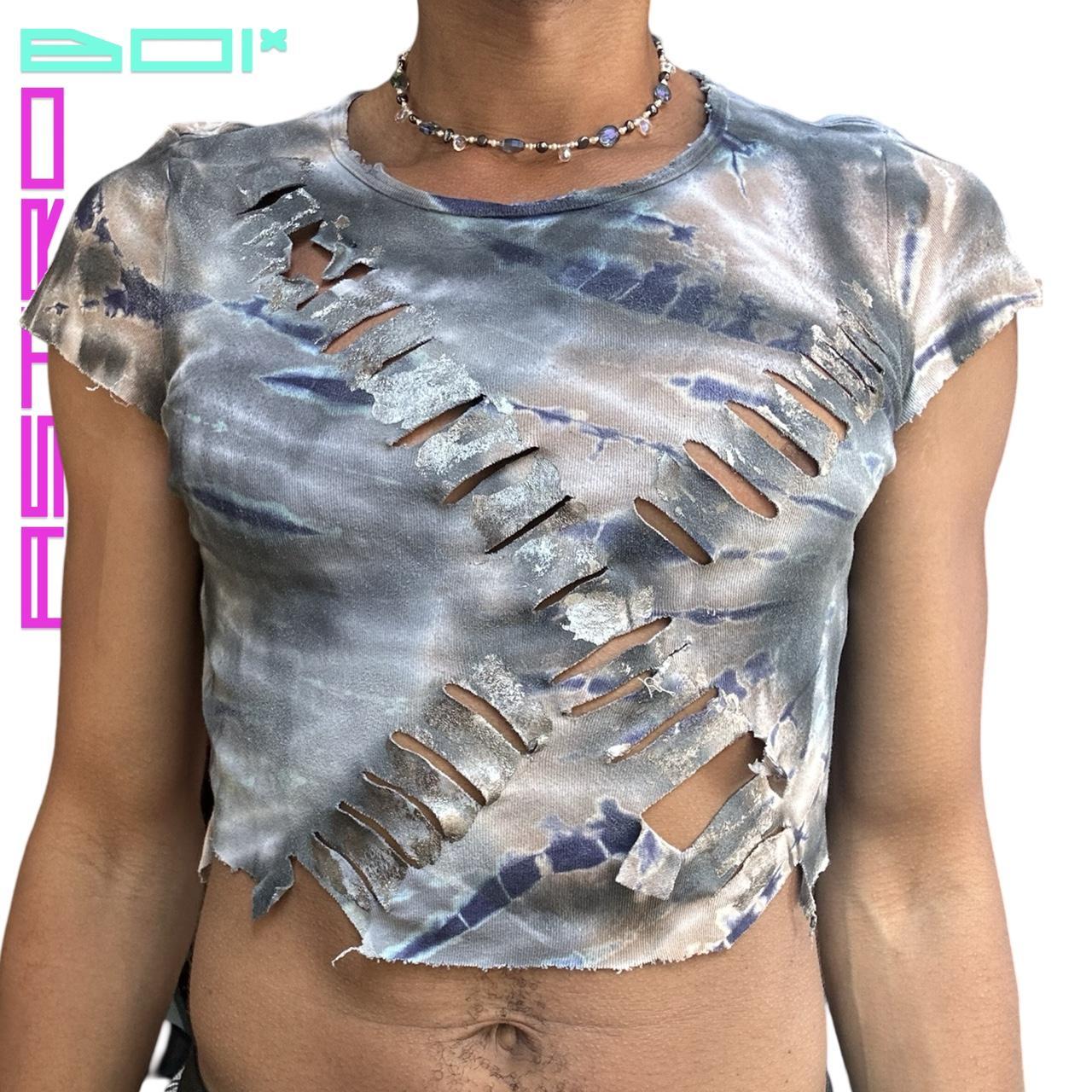ASTROBOI* BLUE TIE DYE CUT OUT METALLIC PAINTED CROP TOP _ LARGE