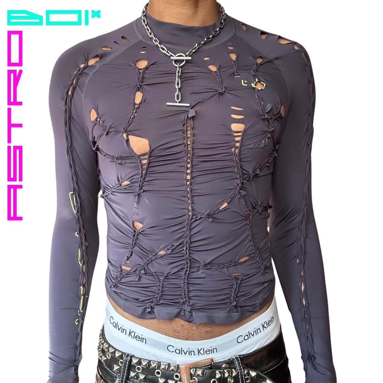 ASTROBOI* CUSTOMIZED GREY BRAIDED LYCRA MOCK NECK TOP