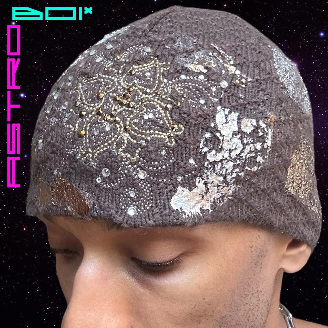 ASTROBOI* COLUMBIA SPORTSWEAR BROWN EMBROIDERED BEANIE WITH METALLIC PAINT AND RHINESTONES