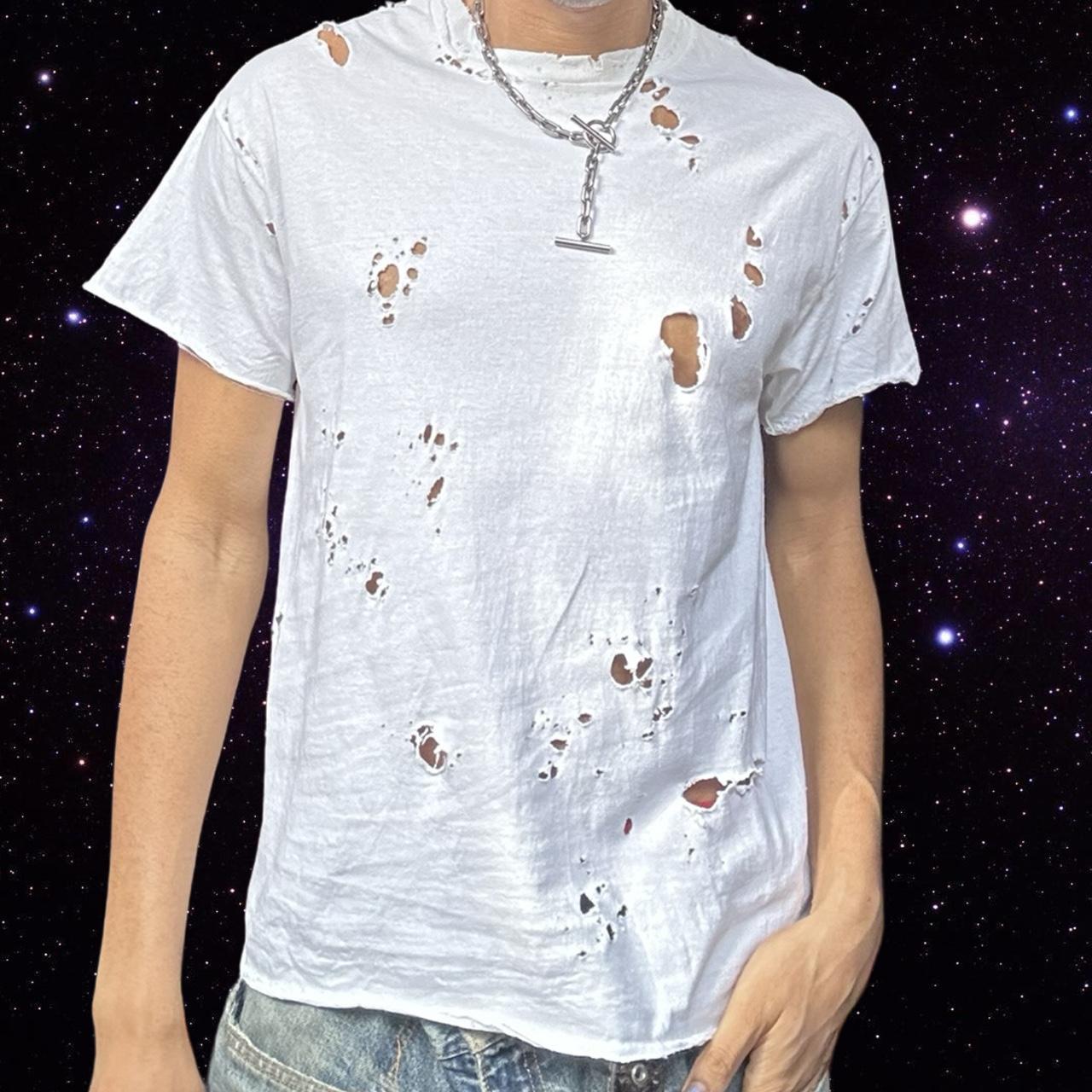 ASTROBOI* x Gildan Perfect White Ripped Grunge T-shirt - close up front
