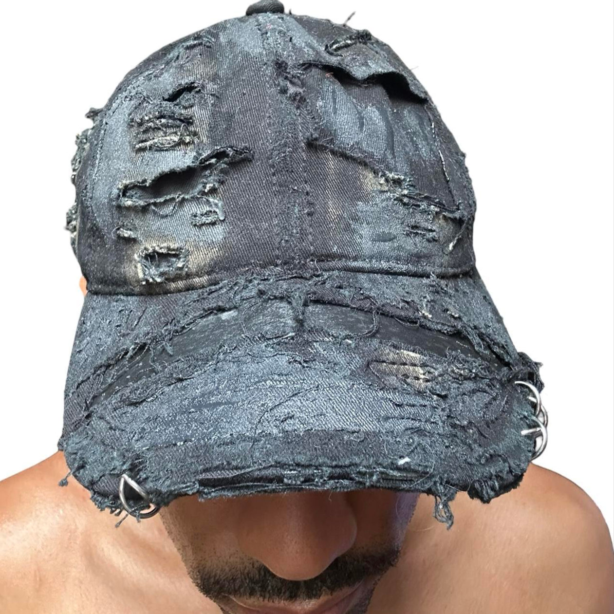 ASTROBOI* 'Thrashed' Black Distressed Denim Pierced Hat - front center