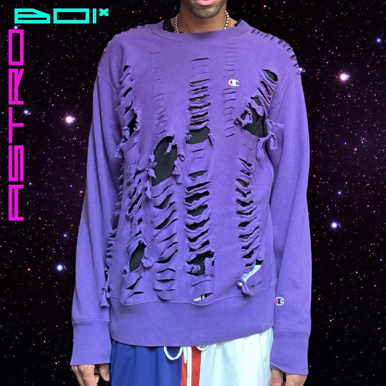 ASTROBOI* X CHAMPION PURPLE COTTON GRUNGE RIPPED SWEATSHIRT _ XL
