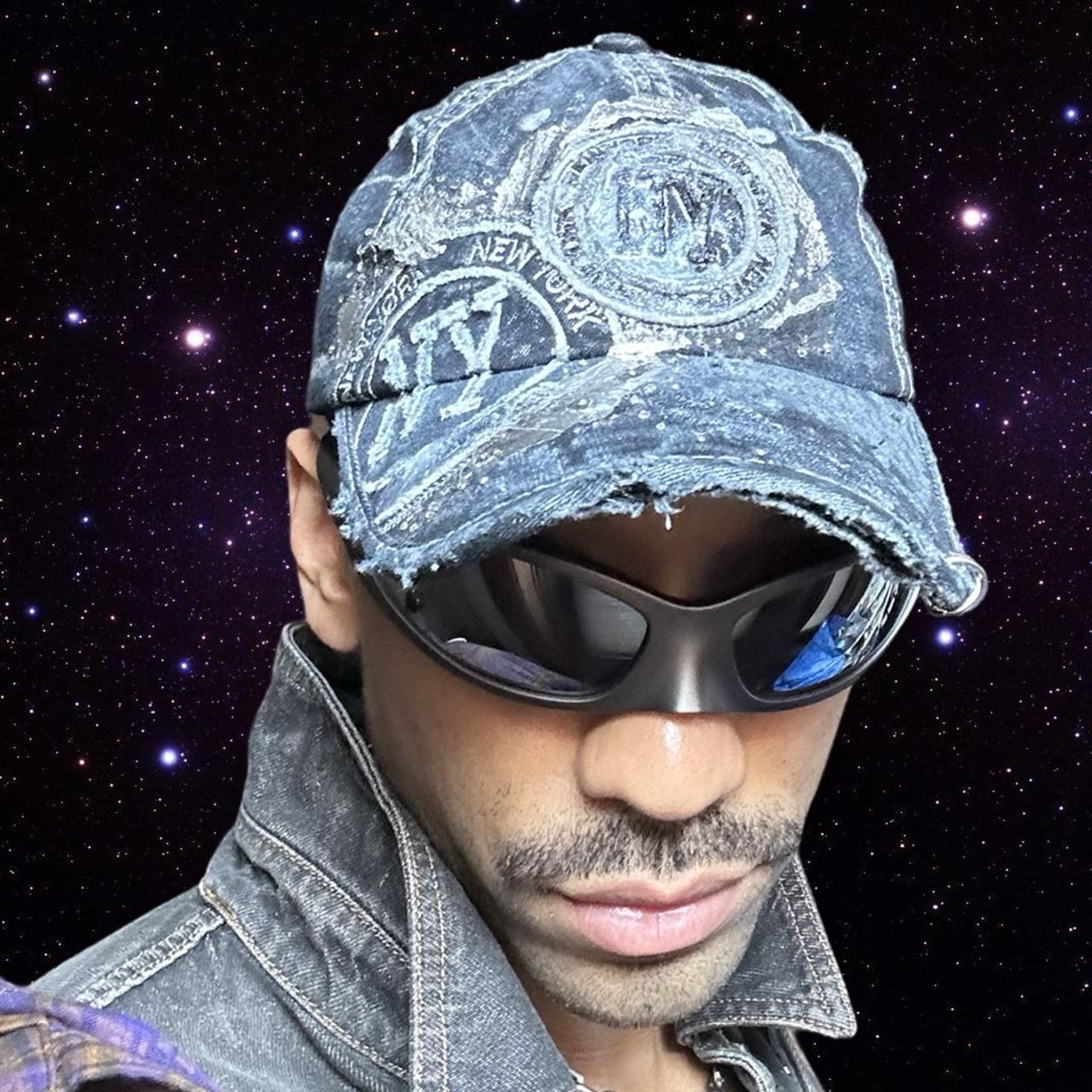 ASTROBOI* Y2K Faded Blue Denim Rhinestone Resin Hat, front 2