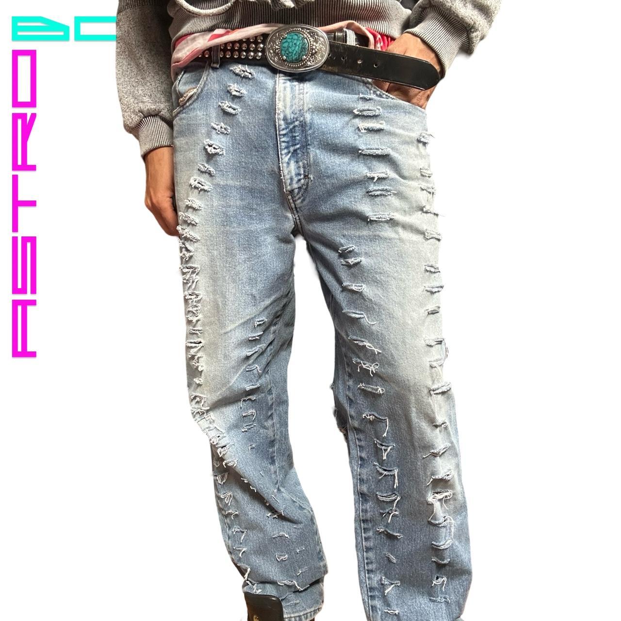 ASTROBOI* CUSTOM LIGHT BLUE RIPPED HYPER FADED JEANS _ 35x34"