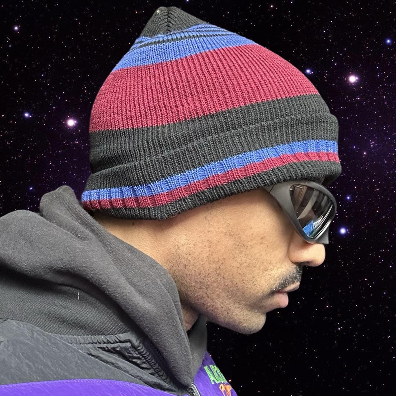 Vintage 90s Burgundy, Black & Blue Striped Beanie, right