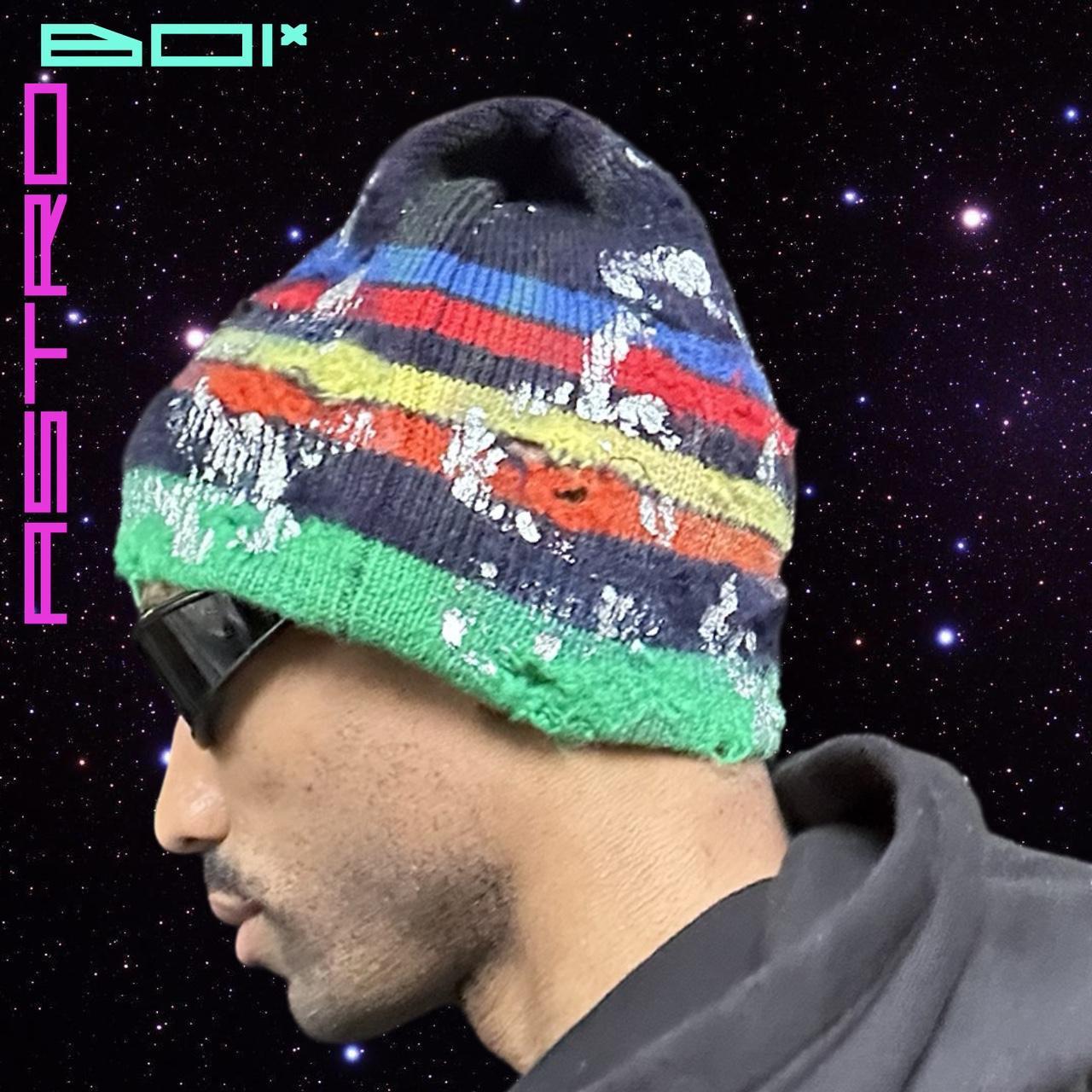 ASTROBOI* PRIMARY STRIPES BLUE METALLIC PAINT WOOL GRUNGE BEANIE