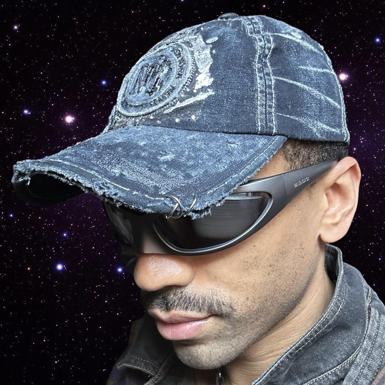 ASTROBOI* Y2K Faded Blue Denim Rhinestone Resin Hat , right side