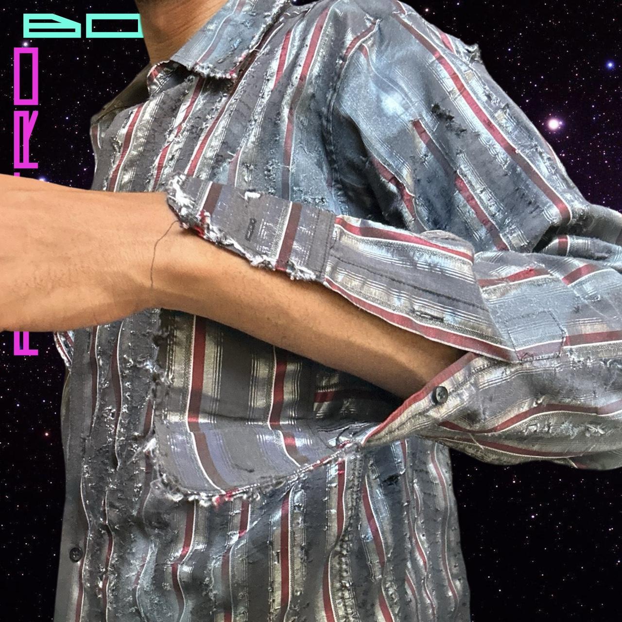 ASTROBOI* SILVER STRIPED DISTRESSED AIRBRUSHED BUTTON UP SHIRT_ XL