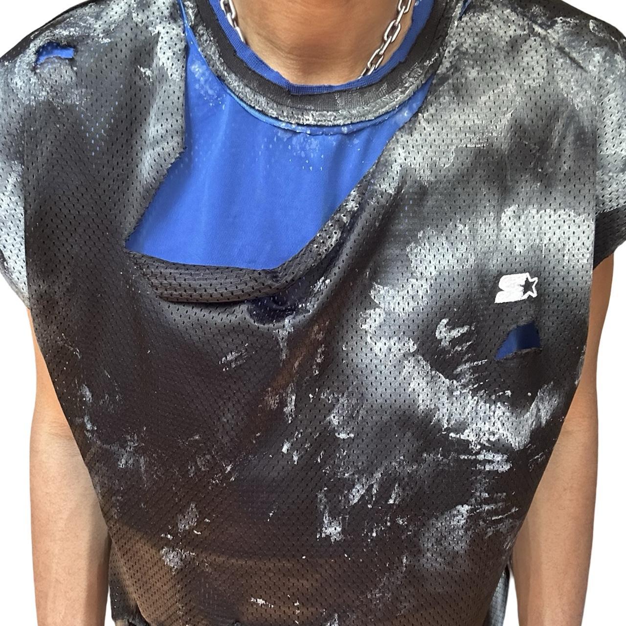 Starter Black & Blue Ripped Mesh Tank Top - close up