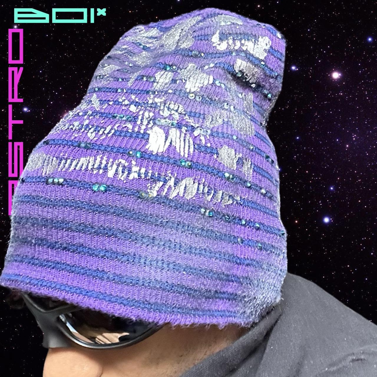 ASTROBOI* JUPITER PURPLE/BLUE STRIPED BEANIE W/ RHINESTONES