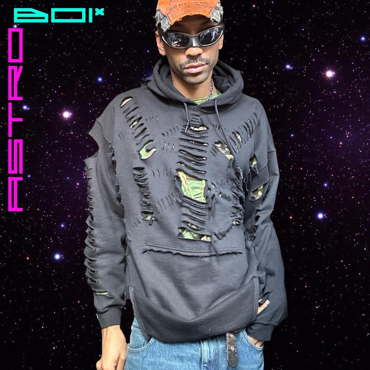 ASTROBOI* Black Trap Grunge Ripped Oversized Hoodie - XL