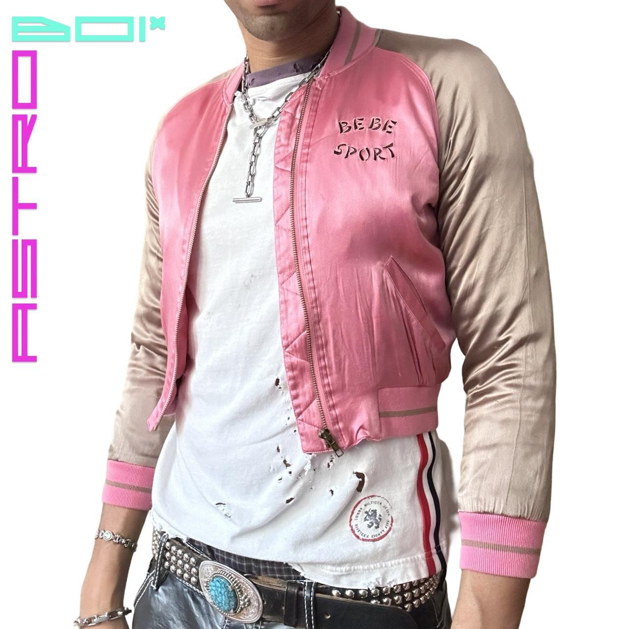 VINTAGE Y2K BEBE SPORT TAN AND PINK SILKY EMBROIDERED SOUVENIR JACKET_ SMALL