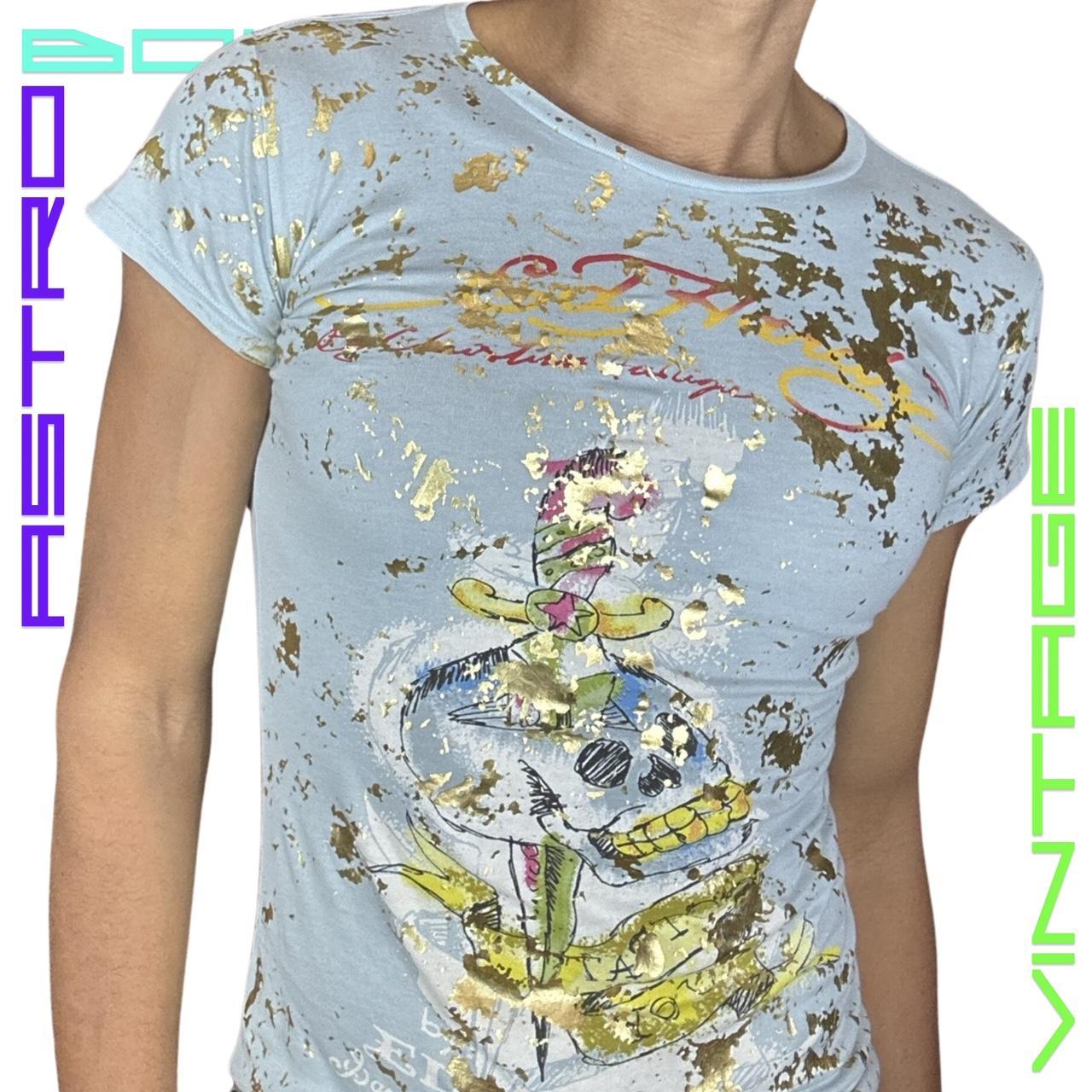 VINTAGE ED HARDY GOLD FOILED TATOO PRINT T-SHIRT _ BABYBLUE _ SMALL