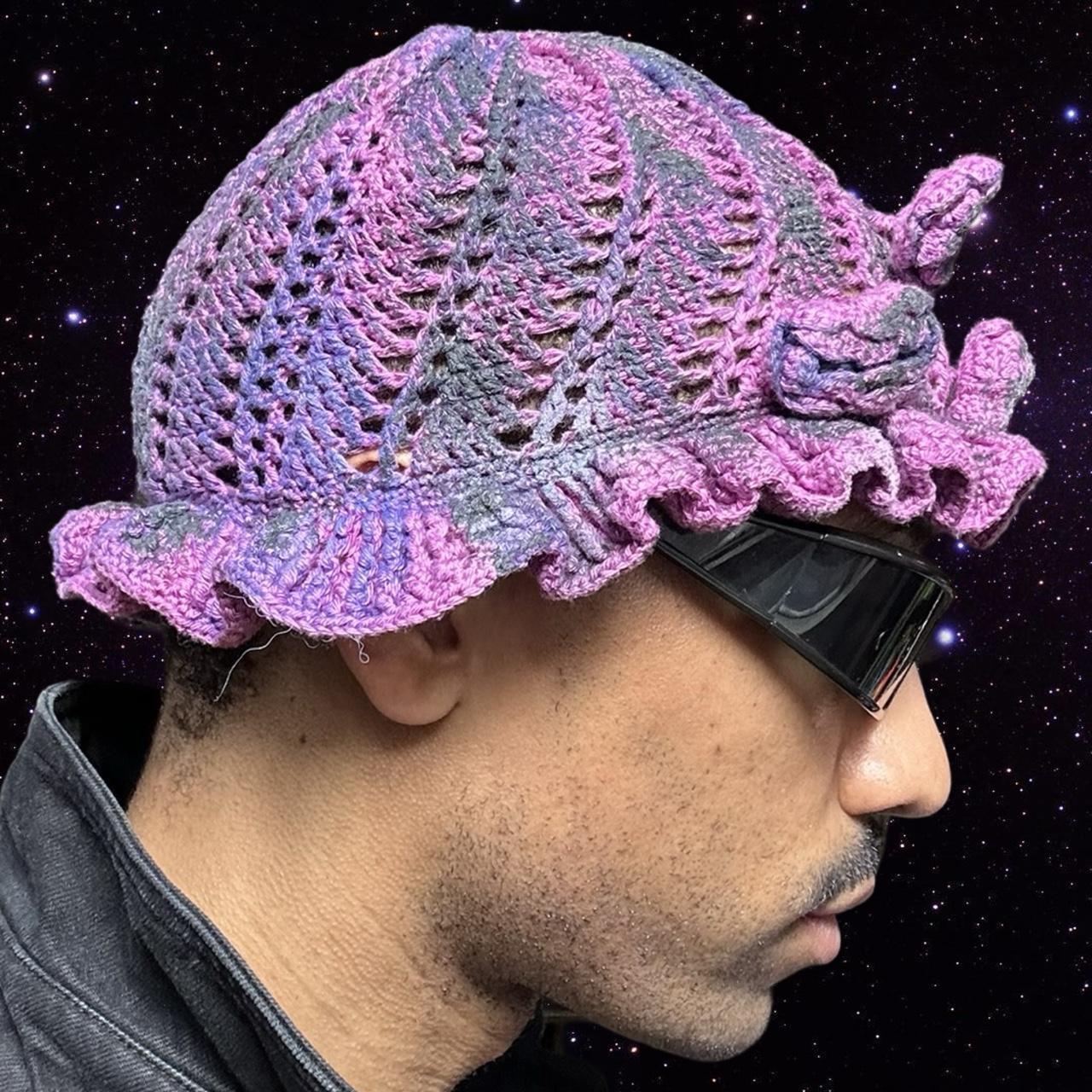 ASTROBOI Pink Hand-Knit Floral Frill Beanie - right