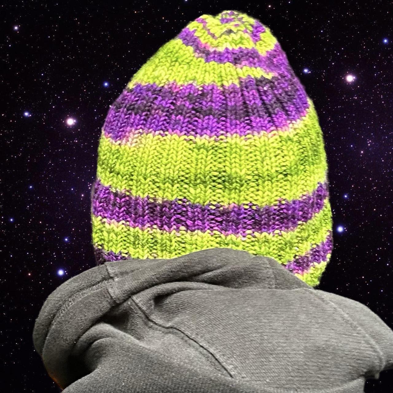 Vintage Handknit Purple and Green Striped Beanie, back