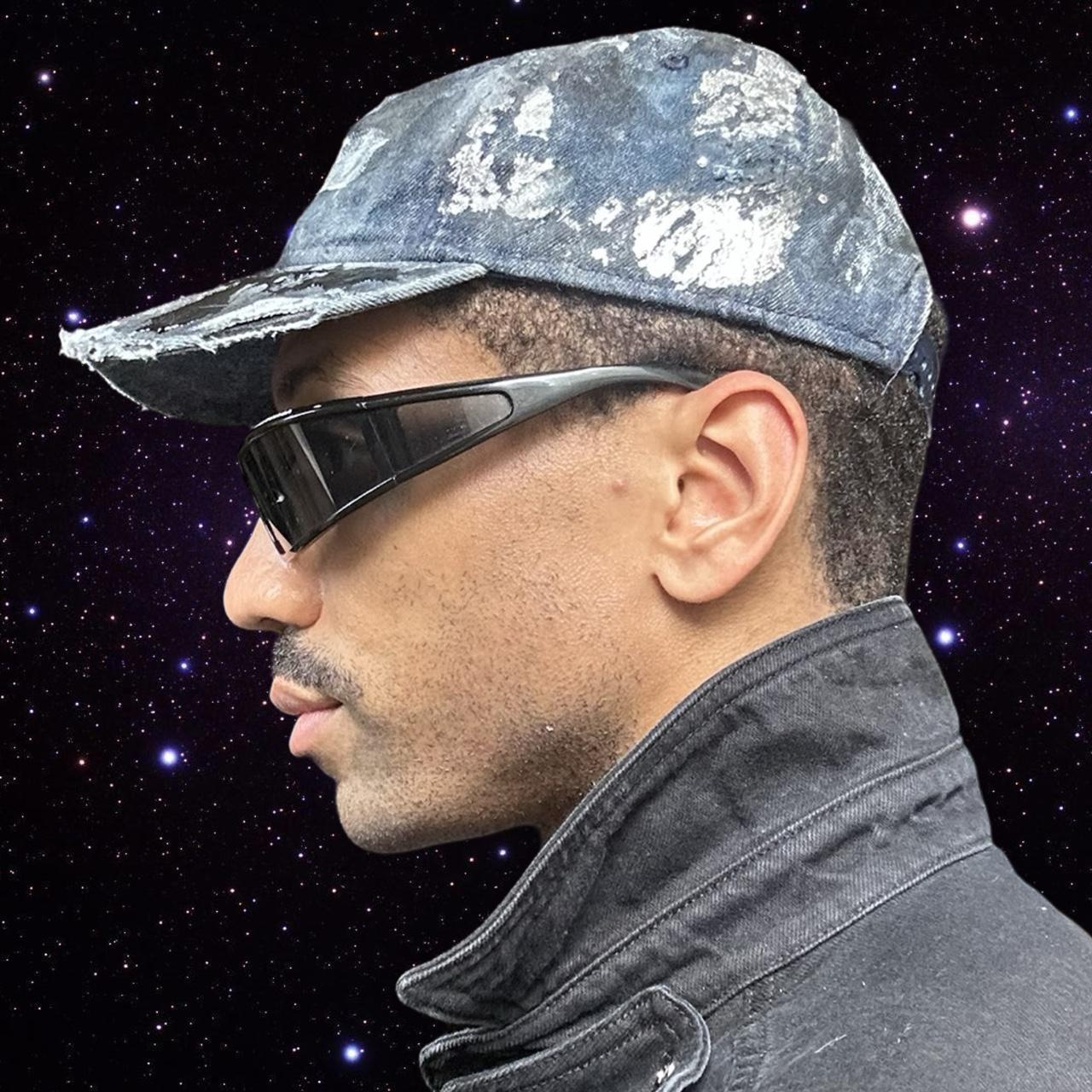 ASTROBOI* 'Denim Tar' Blue Distressed Painted Rhinestone Resin Hat - left