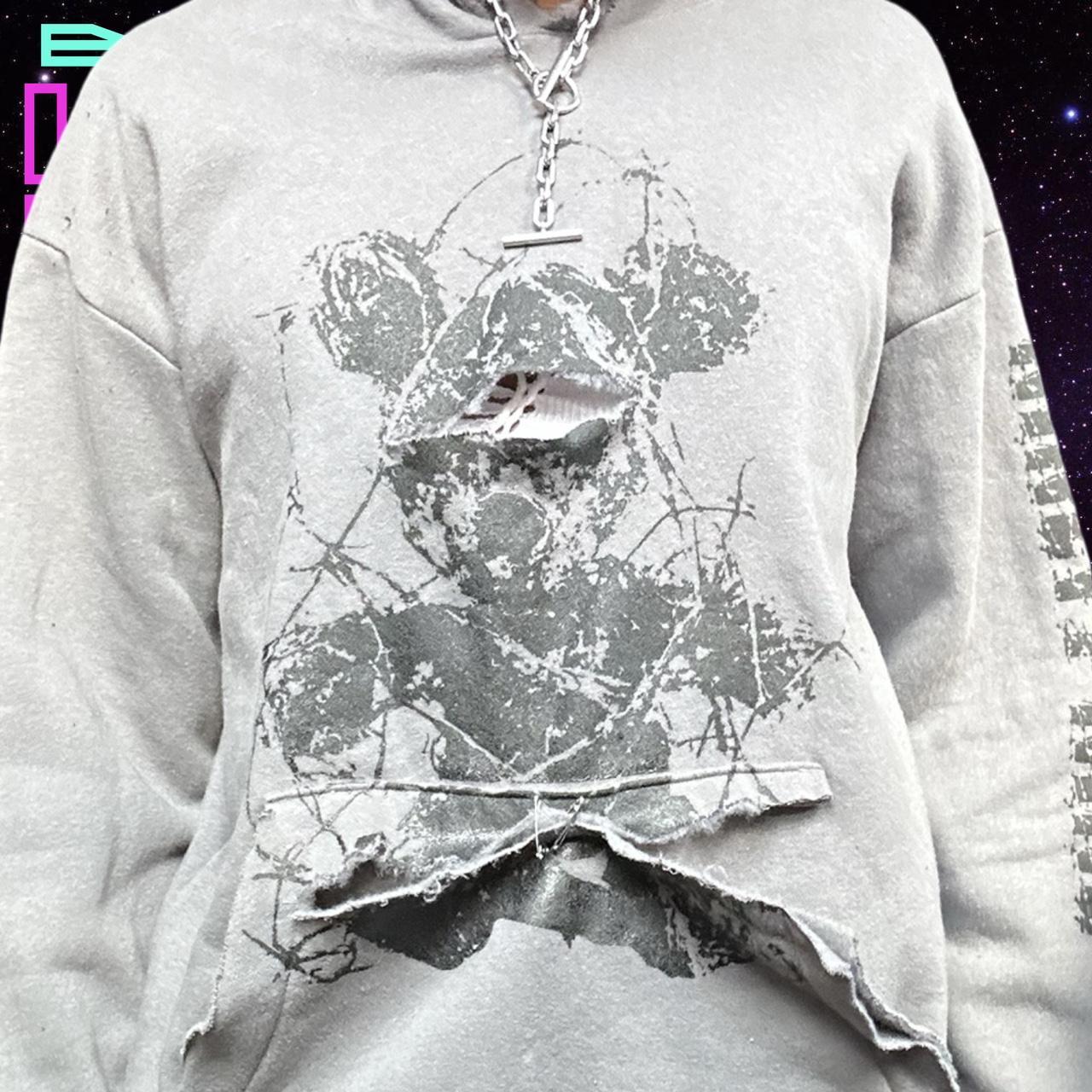 ASTROBOI* Custom Psycho Teddy Barbed Wire Grey Grunge Hoodie - XL