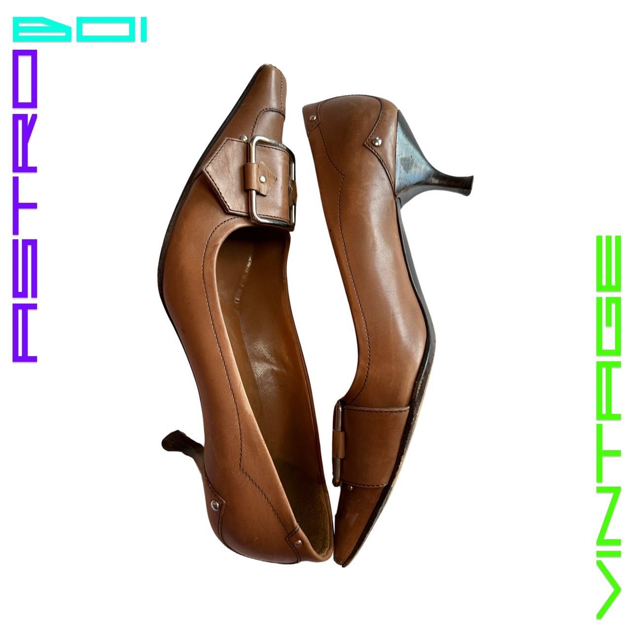 VINTAGE PRADA SQUARE BUCKLE LEATHER HEELS _ BROWN _ 38.5