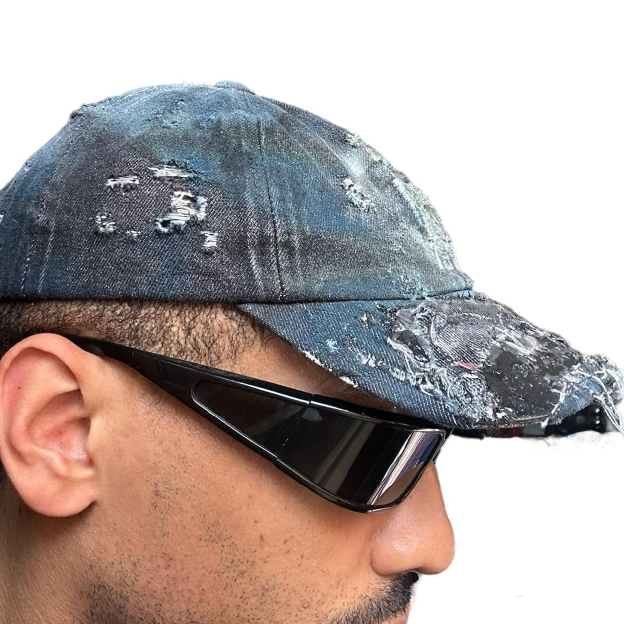 ASTROBOI* NYC Distressed & Deconstructed Black Denim Resin Hat , right