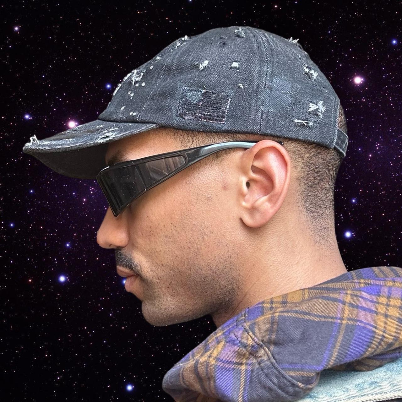 ASTROBOI* New York Black Distressed Denim Resin & Rhinestone Hat - left