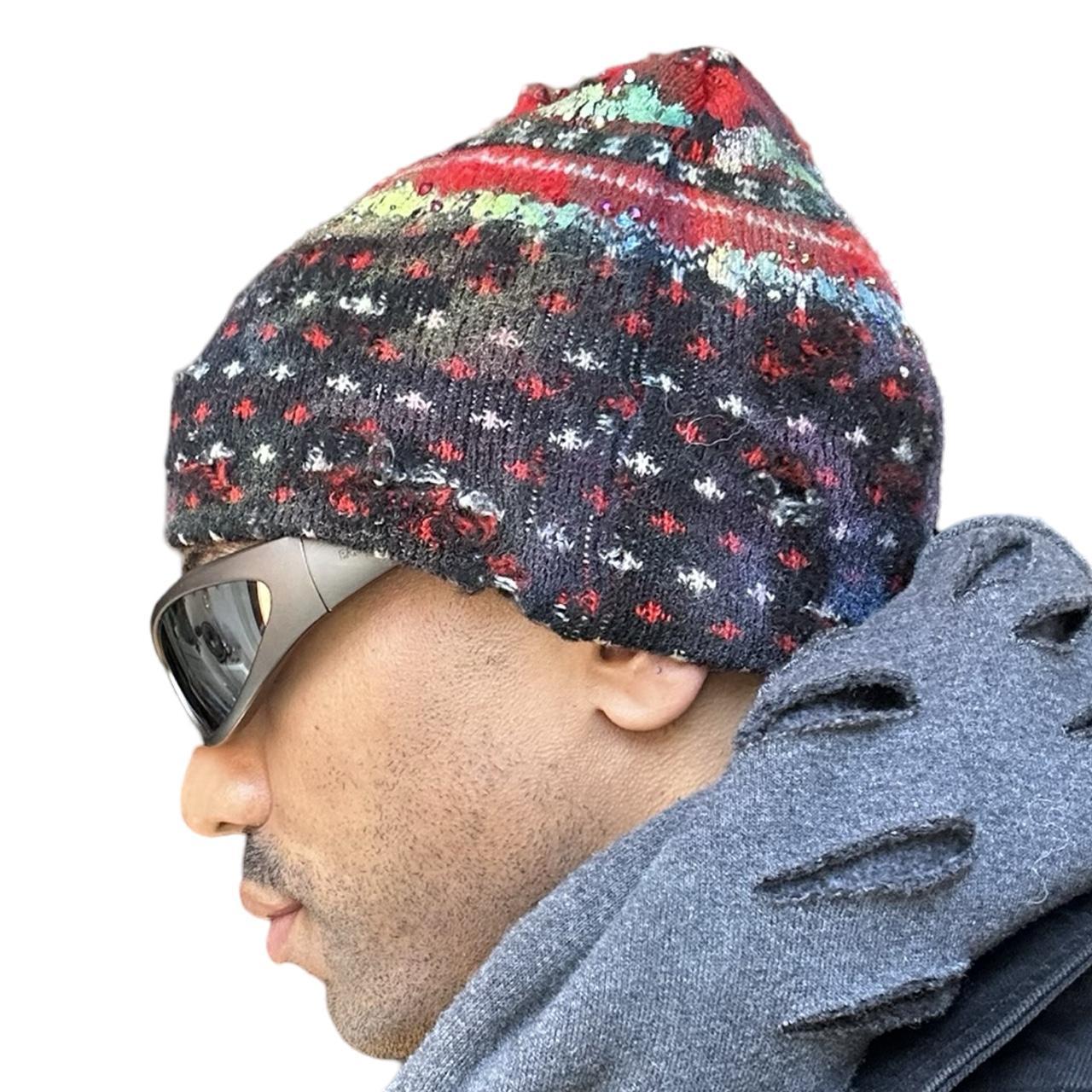 ASTROBOI* Distressed Fair Isle Black Rhinestone Beanie, left