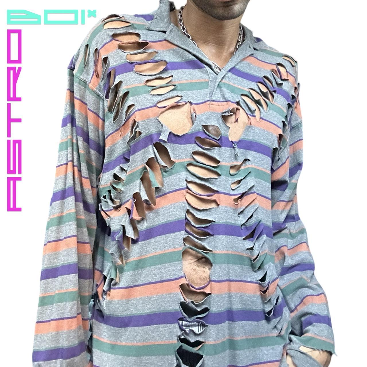 ASTROBOI* GRAY RIPPED GRUNGE STRIPED LONG SLEEVE OVERSIZED POLO SHIRT _ XL