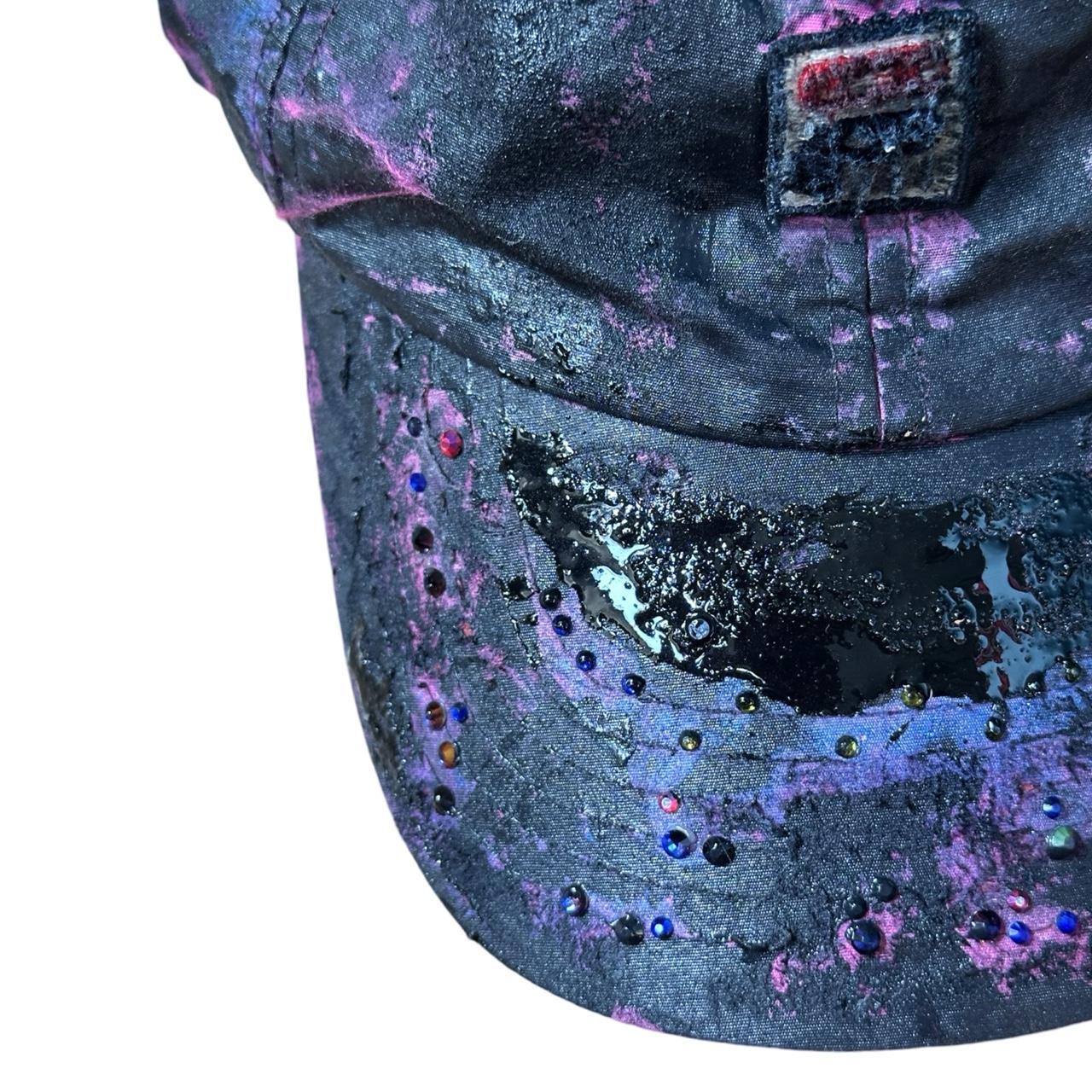 ASTROBOI* x Fila Pink Tar Distressed Rhinestone Hat , flat front close up