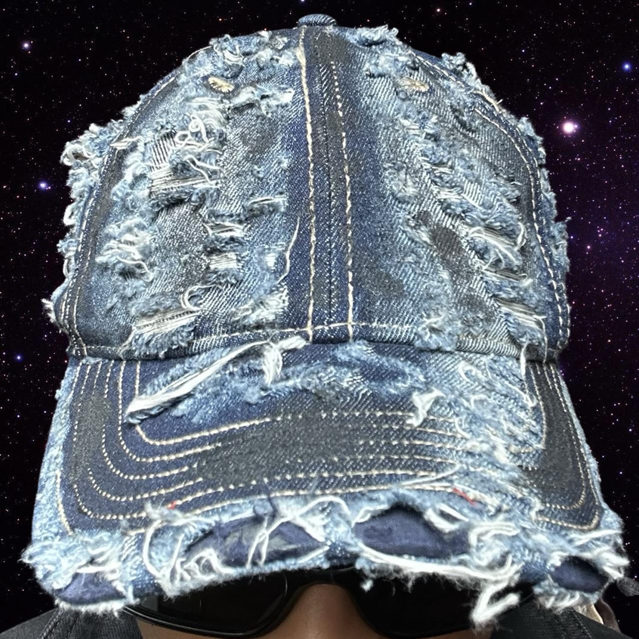 ASTROBOI* Distressed Denim Mid Blue & Black Streetwear Cap - front close up