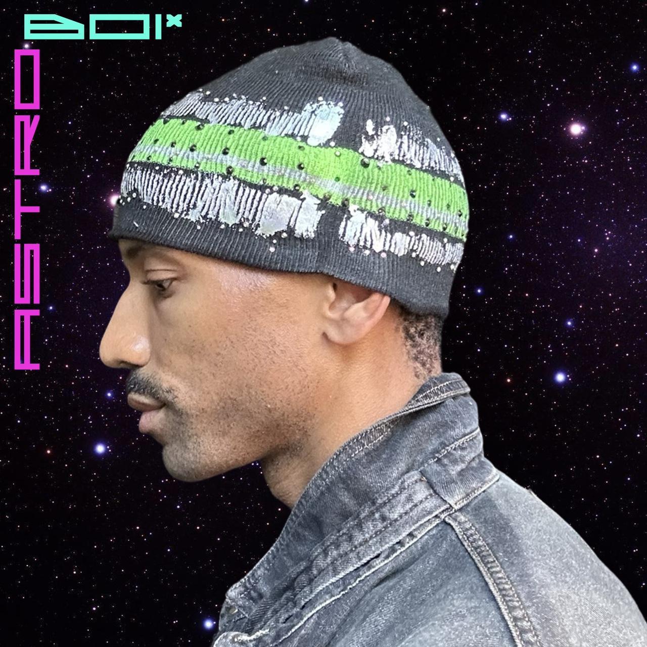 ASTROBOI* GREY BEANIE WITH SLIME GREEN STRIPE AND RHINESTONES