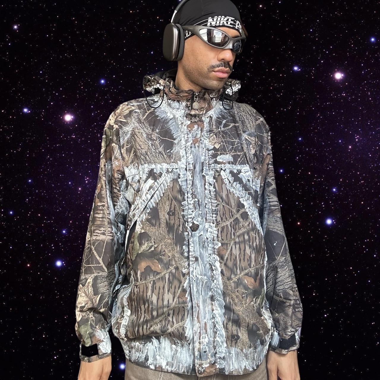 ASTROBOI* Brown Real Tree Camo Painted Windbreaker - front jacket closed