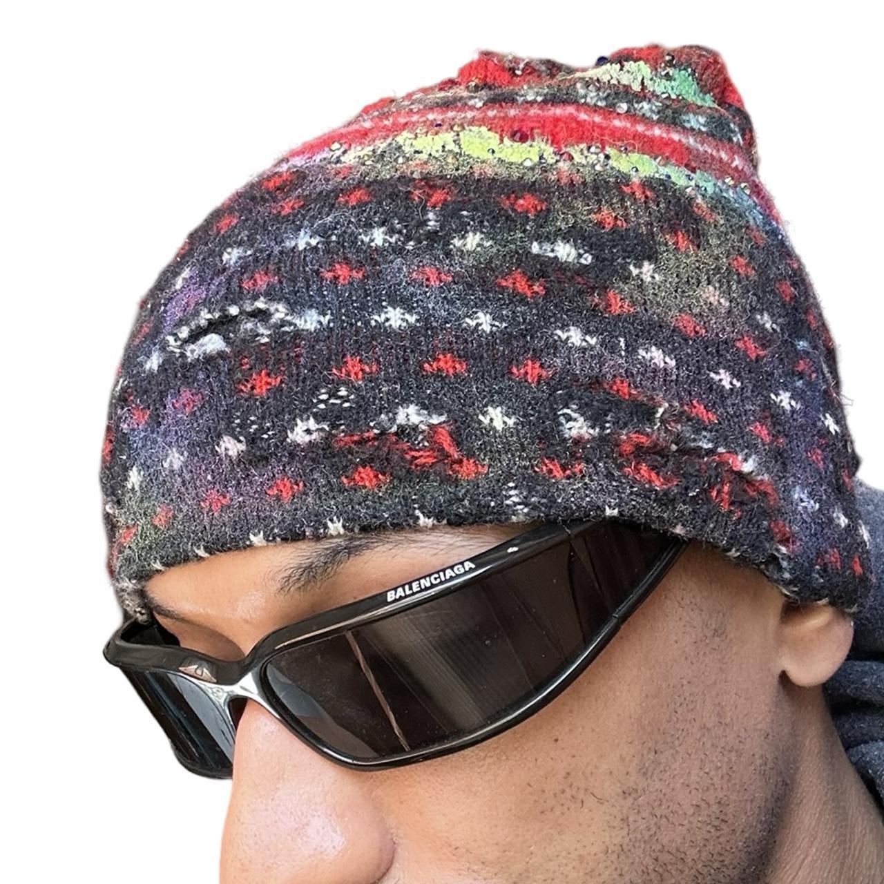 ASTROBOI* Distressed Fair Isle Black Rhinestone Beanie, front close up
