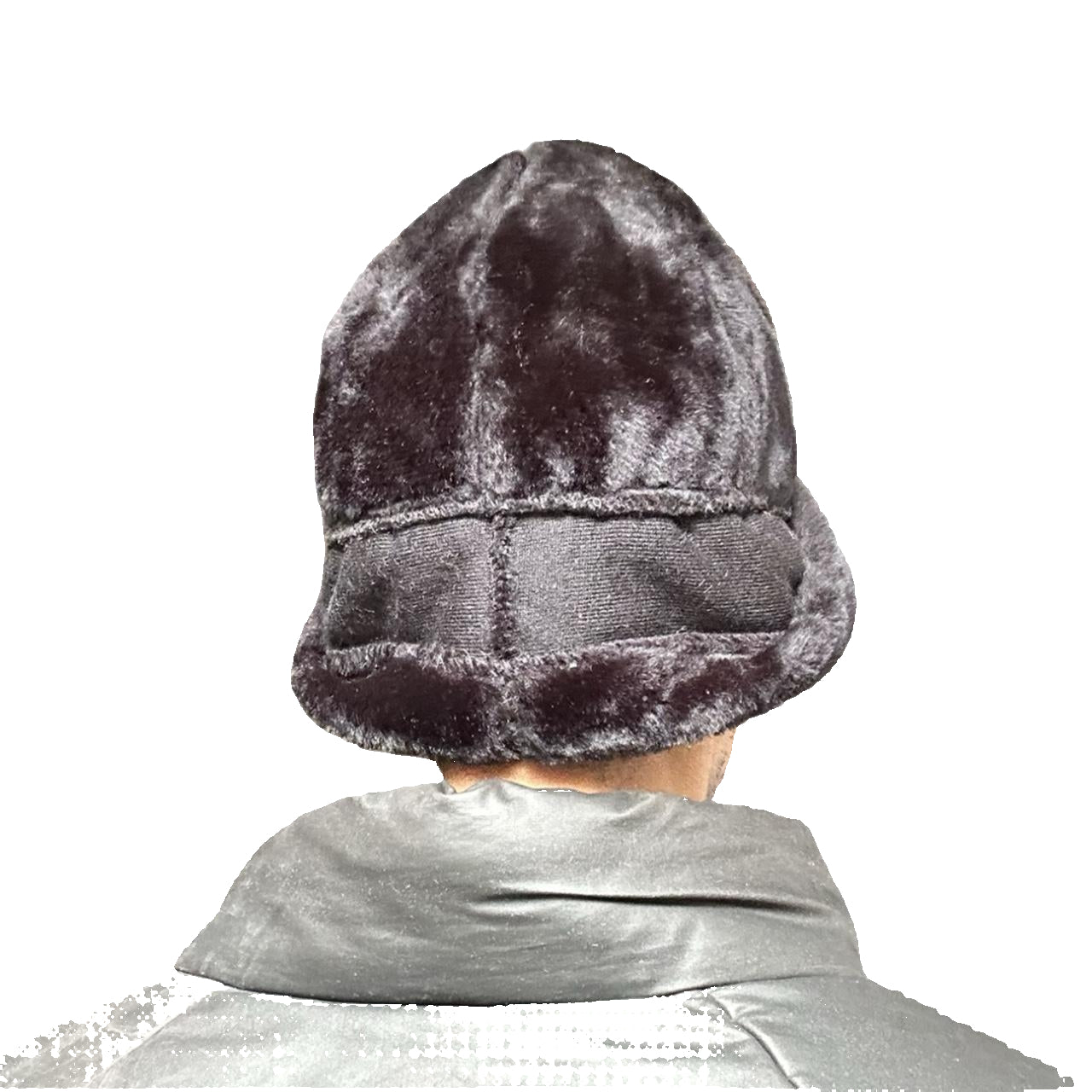 Back of Vintage black faux-fur winter hat with plush vegan fur and rounded silhouette, shown in great condition.