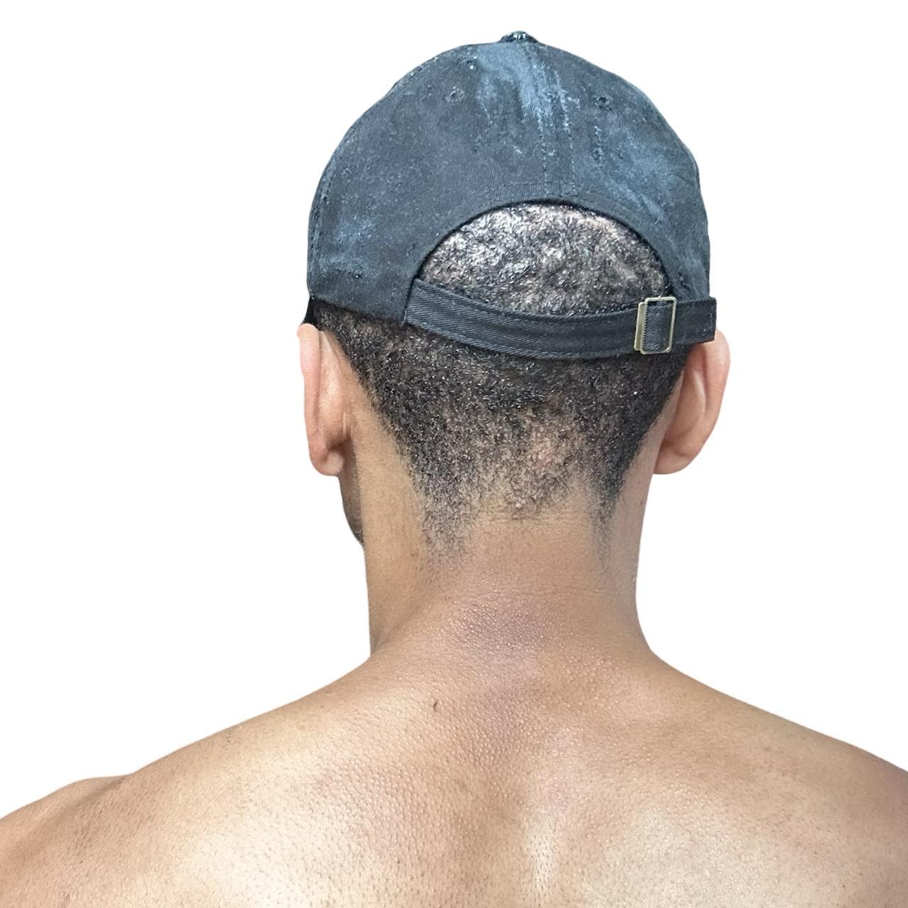 ASTROBOI* 'Thrashed' Black Distressed Denim Pierced Hat - back