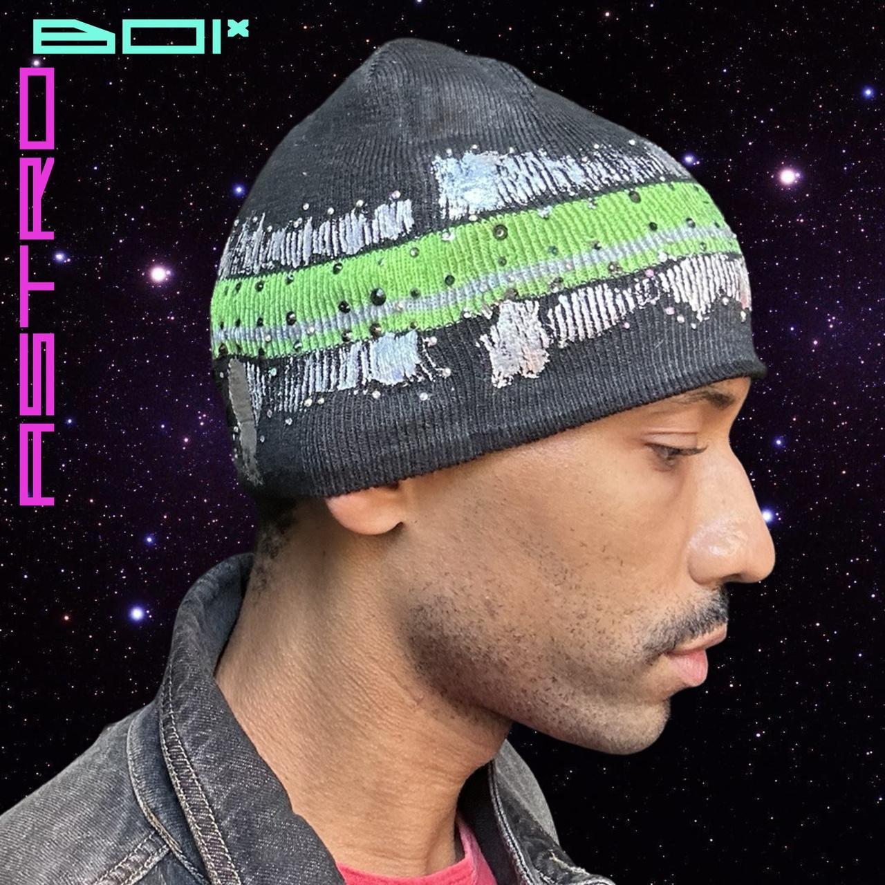 ASTROBOI* GREY BEANIE WITH SLIME GREEN STRIPE AND RHINESTONES