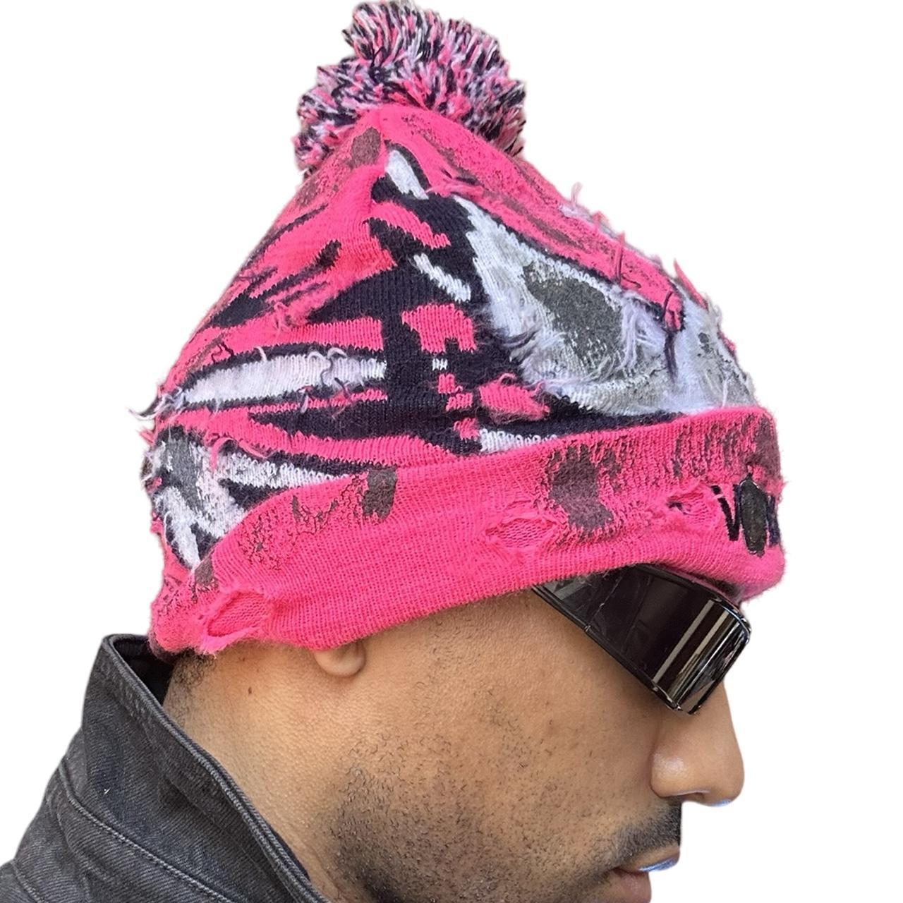 ASTROBOI* 'VOYAGER' Pink Distressed Swan Pom Pom Beanie, right