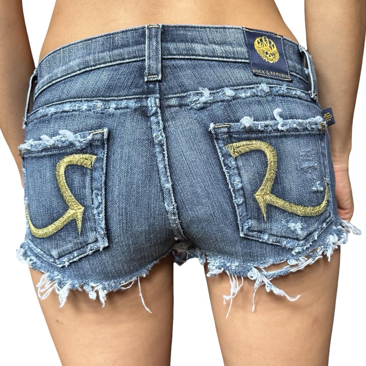 Rock & Republic Y2K Distressed Blue Denim Low Rise Mini Shorts - back