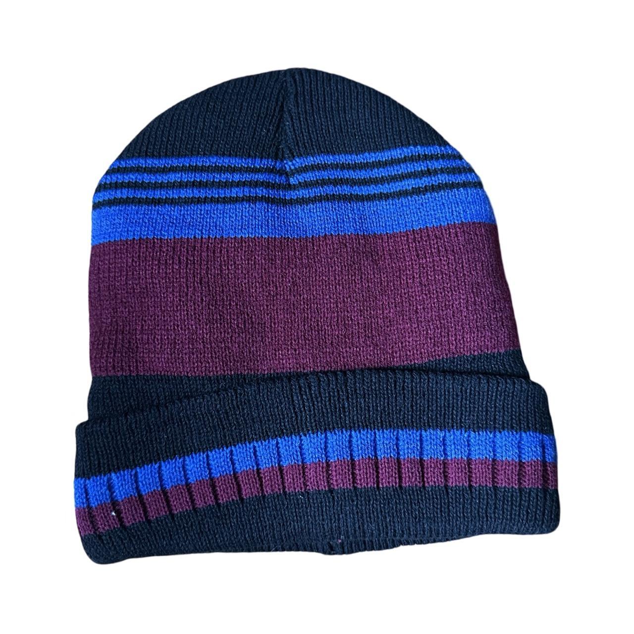Vintage 90s Burgundy, Black & Blue Striped Beanie, front flat