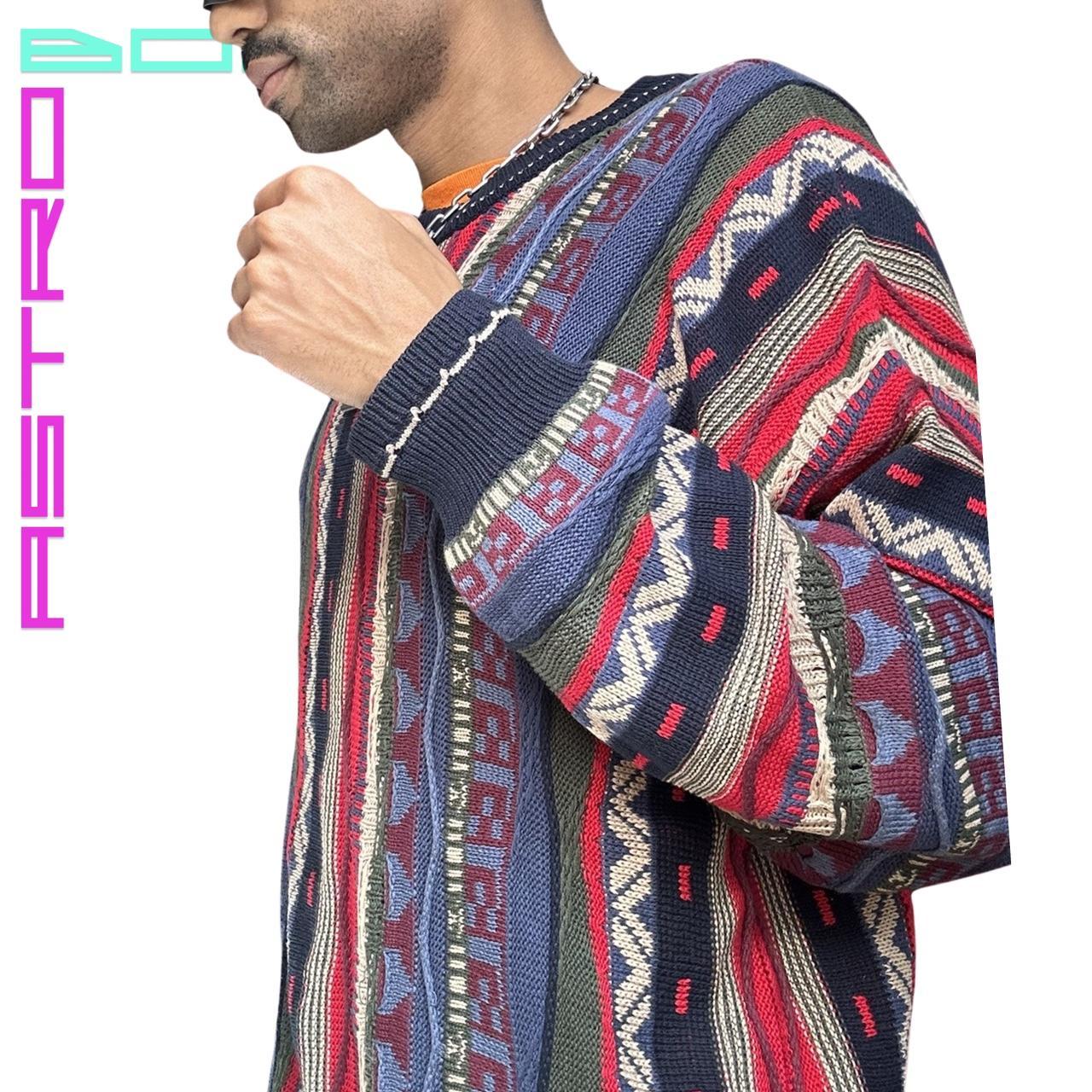 Vintage Cotton Traders Men's Blue/Red Eclectic Coogi Patterned Sweater - Large