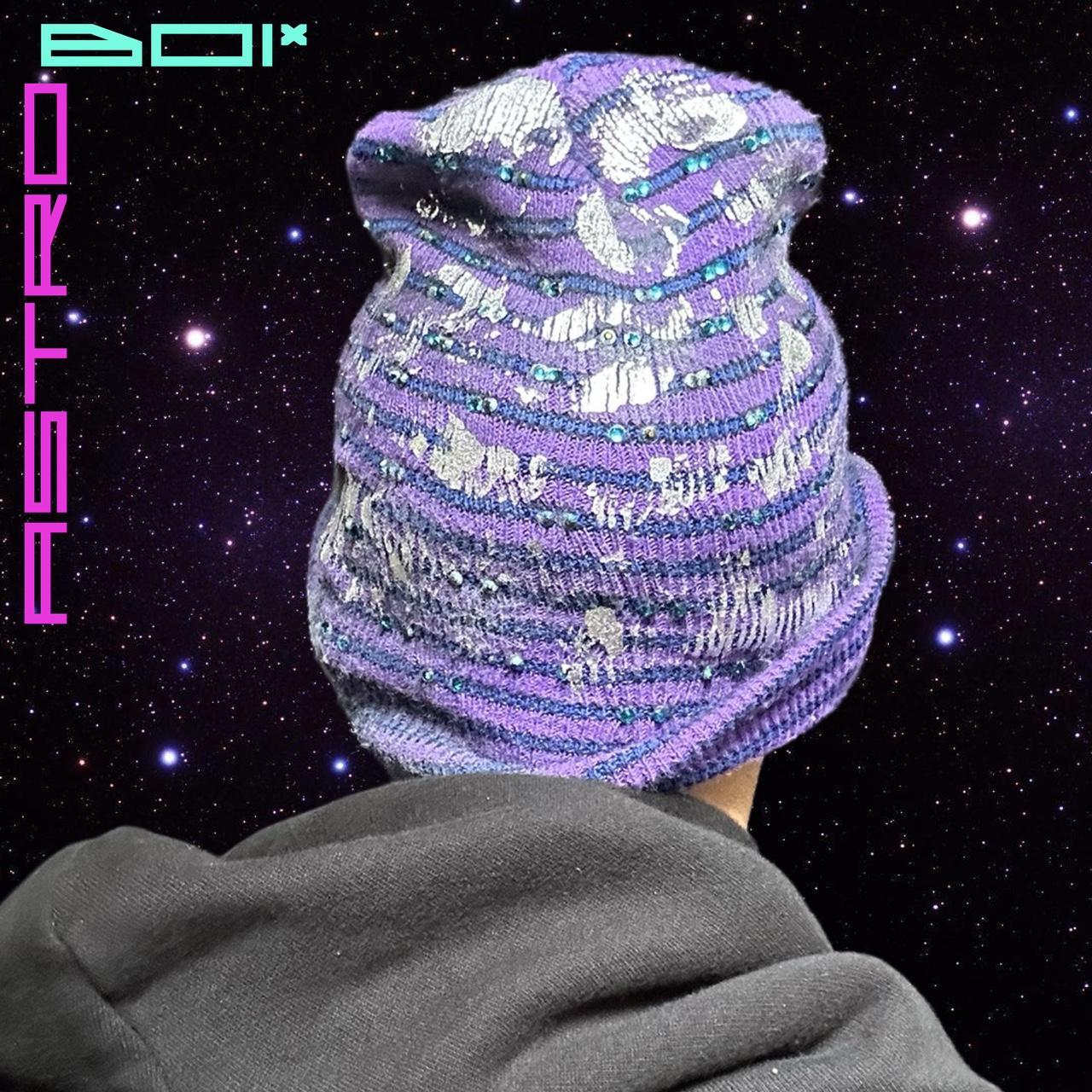 ASTROBOI* JUPITER PURPLE/BLUE STRIPED BEANIE W/ RHINESTONES