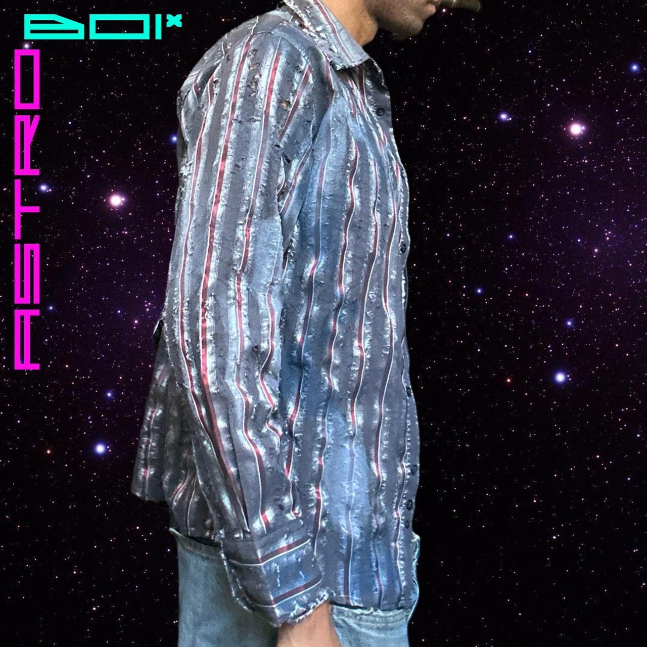 ASTROBOI* SILVER STRIPED DISTRESSED AIRBRUSHED BUTTON UP SHIRT_ XL