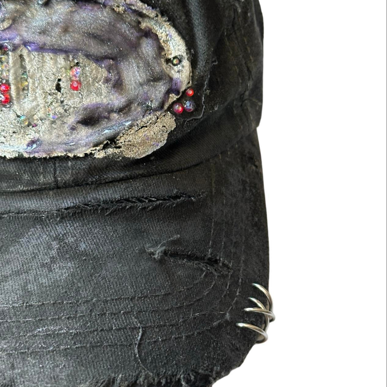 ASTROBOI* ‘Cosmos’ Black Distressed Hat – Rhinestone Metallic Resin Streetwear Cap, flat front close up 3